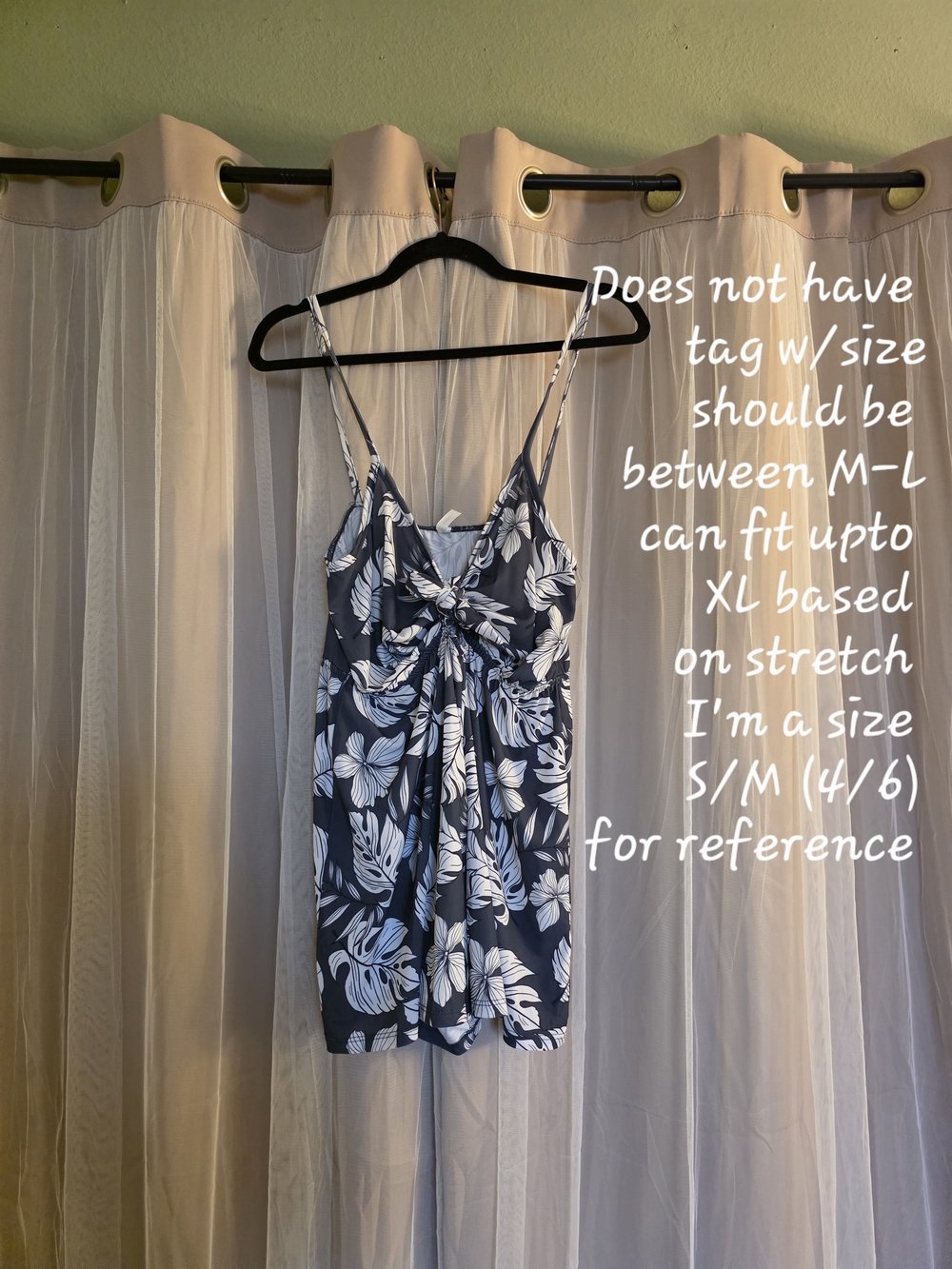 Navy Blue & White Tropical Print Tie-Front Romper